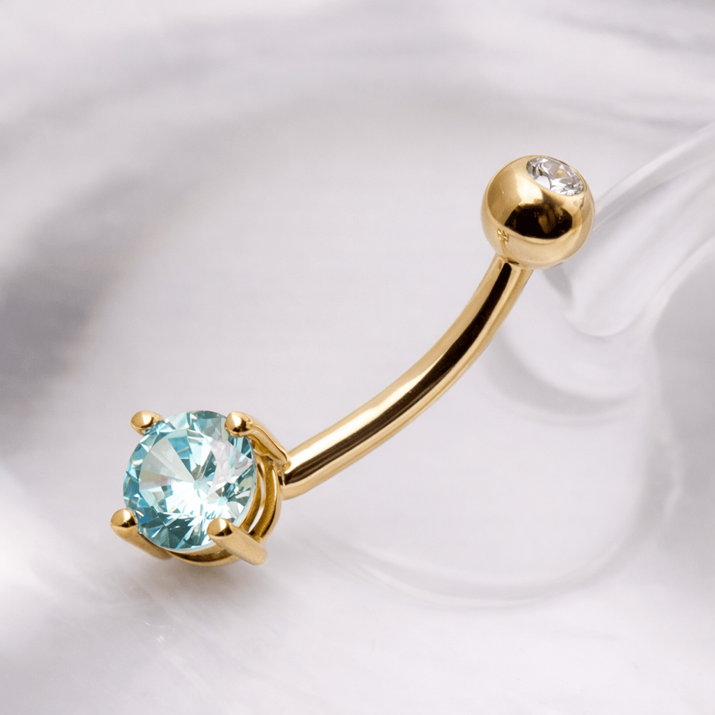 Solid 14kt Yellow Gold CZ Navel Barbell – 14G with Press - Fit Closure ‐ Kikojoy Jewelry