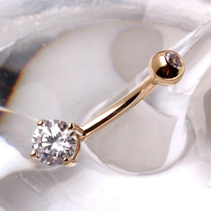Solid 14kt Yellow Gold CZ Navel Barbell – 14G with Press - Fit Closure ‐ Kikojoy Jewelry