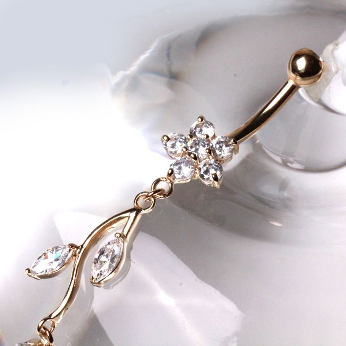 Solid 14kt Yellow Gold Flower & Vine Dangle Navel Barbell with Cubic Zirconia – 14G ‐ Kikojoy Jewelry
