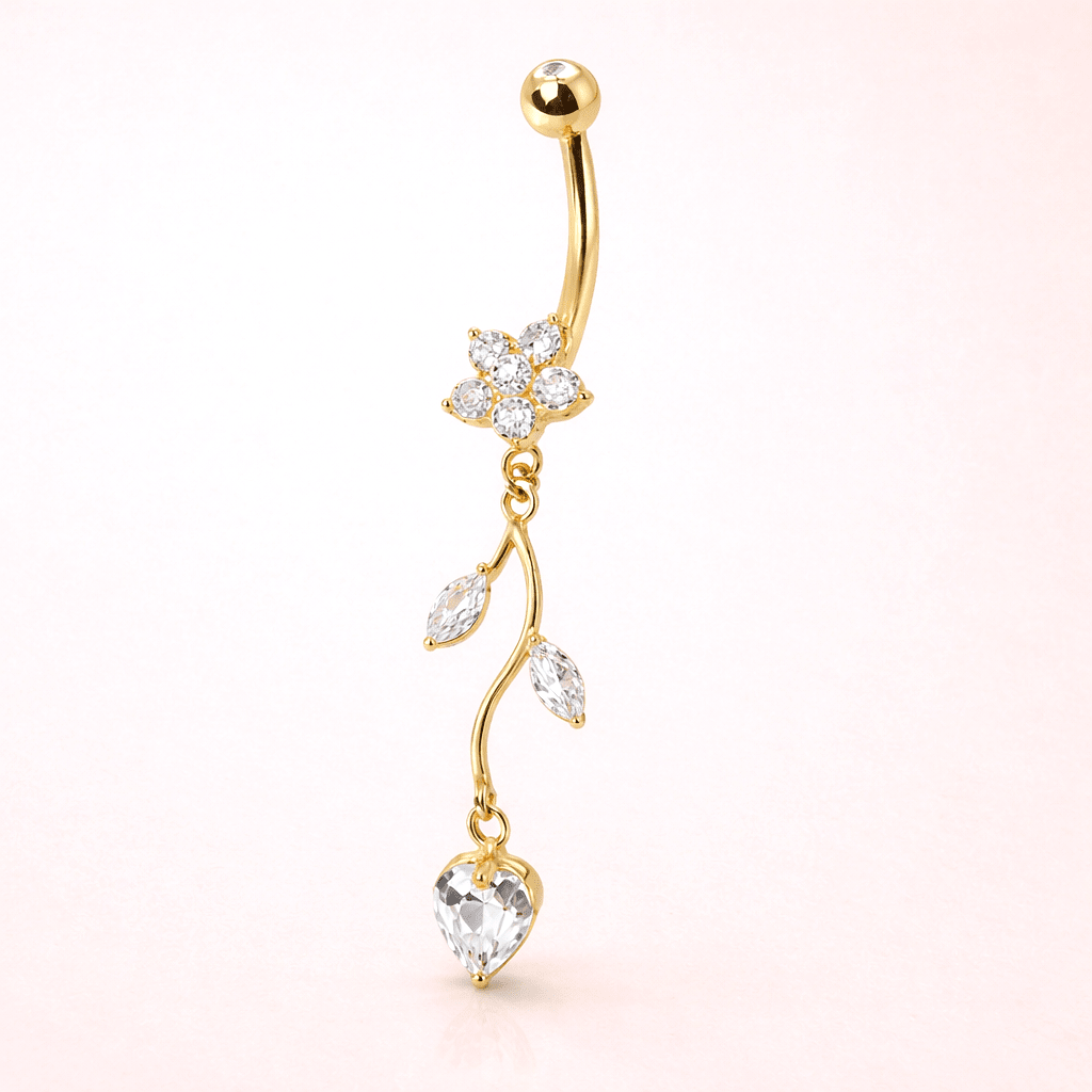 Solid 14kt Yellow Gold Flower & Vine Dangle Navel Barbell with Cubic Zirconia – 14G ‐ Kikojoy Jewelry