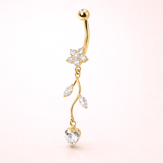 Solid 14kt Yellow Gold Flower & Vine Dangle Navel Barbell with Cubic Zirconia – 14G ‐ Kikojoy Jewelry