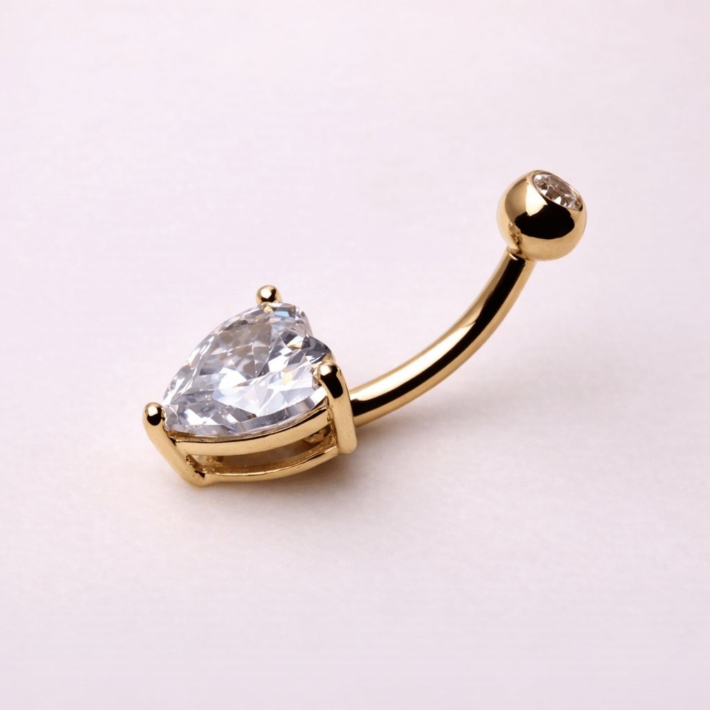 Solid 14kt Yellow Gold Heart CZ Navel Barbell – 14G 10mm ‐ Kikojoy Jewelry