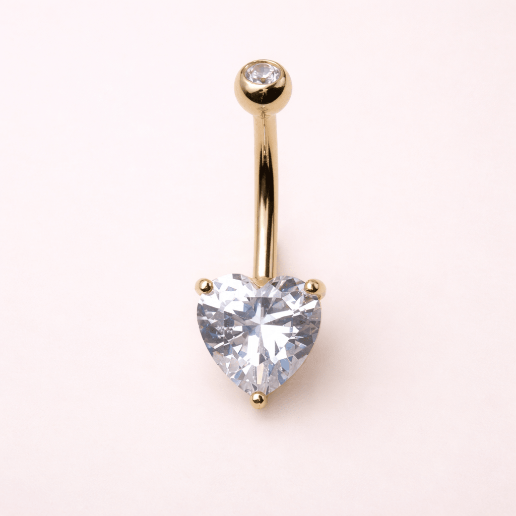 Solid 14kt Yellow Gold Heart CZ Navel Barbell – 14G 10mm ‐ Kikojoy Jewelry
