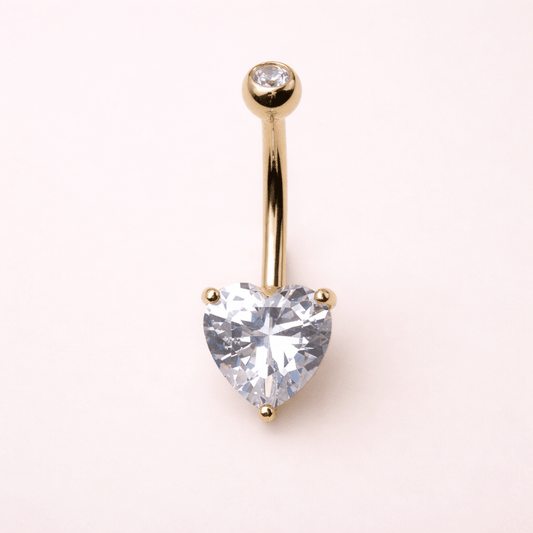 Solid 14kt Yellow Gold Heart CZ Navel Barbell – 14G 10mm ‐ Kikojoy Jewelry
