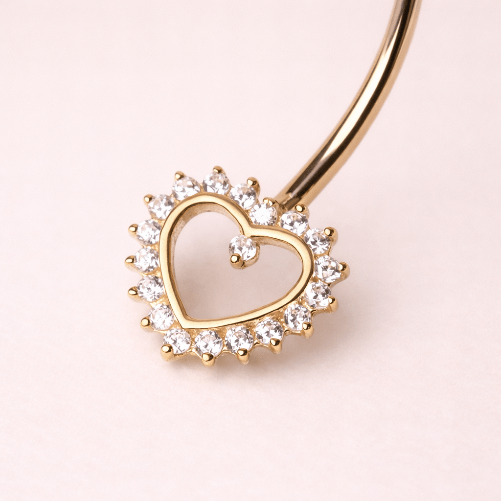 Solid 14kt Yellow Gold Heart CZ Navel Barbell – 14G, Prong Set ‐ Kikojoy Jewelry