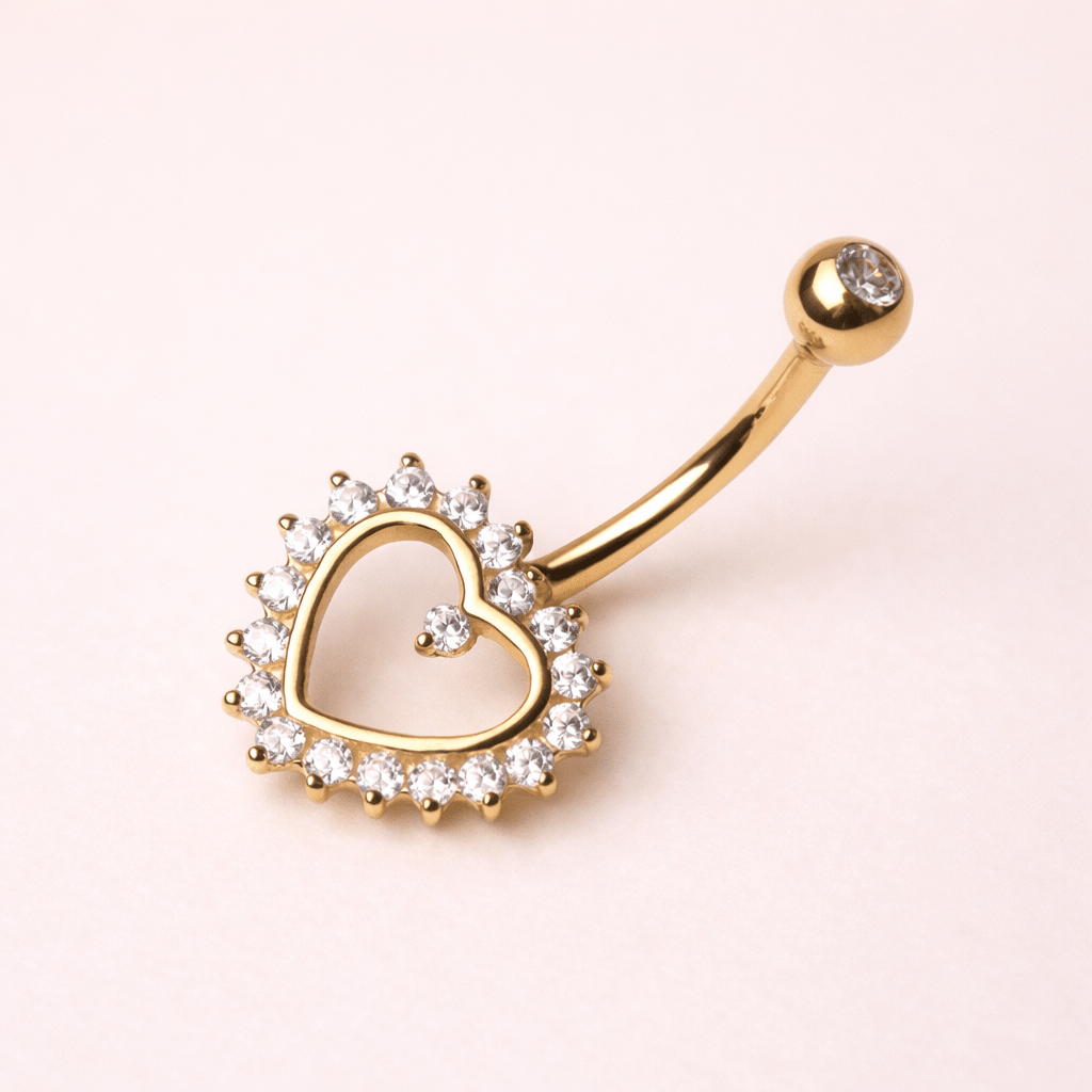 Solid 14kt Yellow Gold Heart CZ Navel Barbell – 14G, Prong Set ‐ Kikojoy Jewelry
