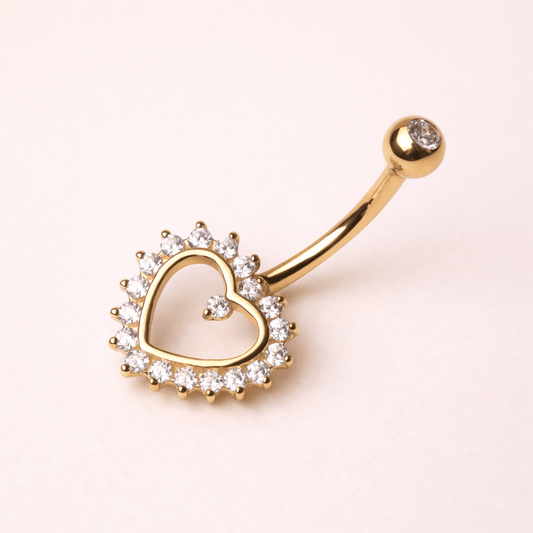 Solid 14kt Yellow Gold Heart CZ Navel Barbell – 14G, Prong Set ‐ Kikojoy Jewelry