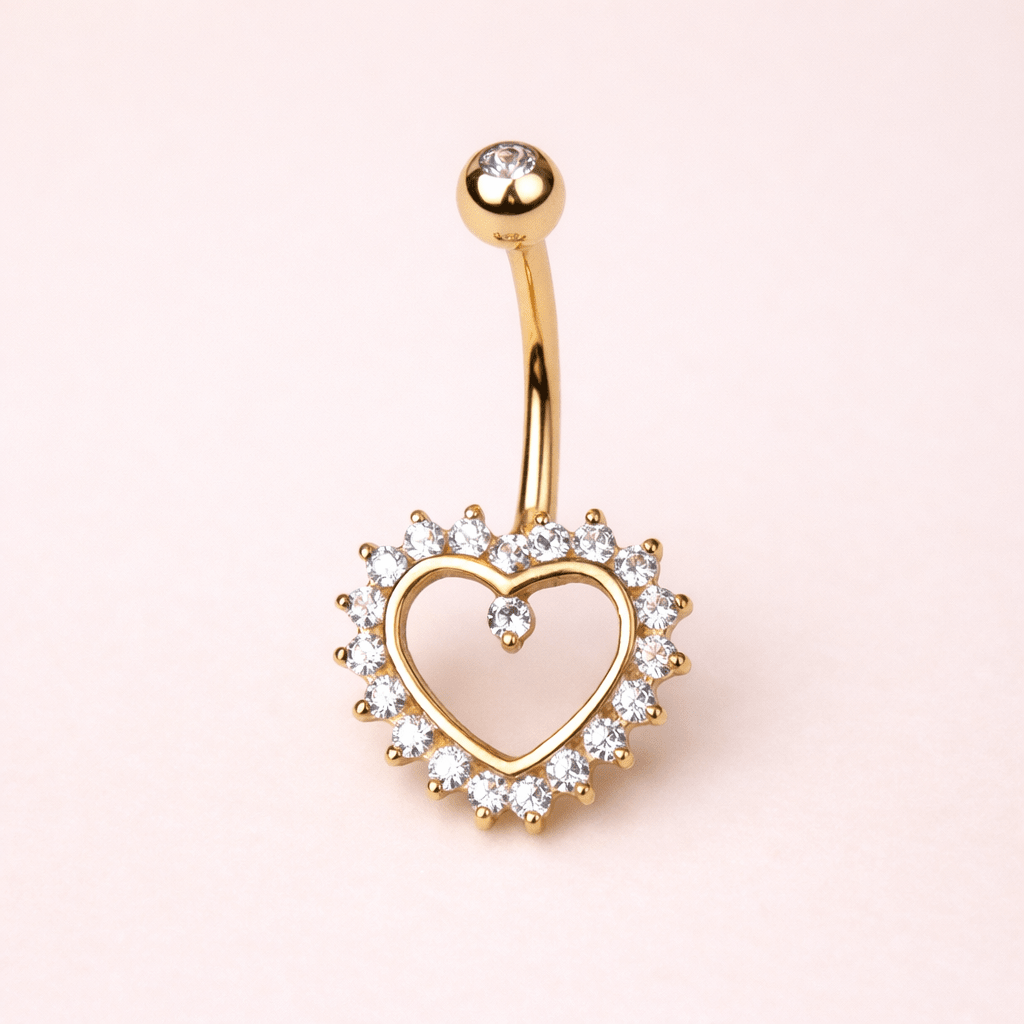 Solid 14kt Yellow Gold Heart CZ Navel Barbell – 14G, Prong Set ‐ Kikojoy Jewelry