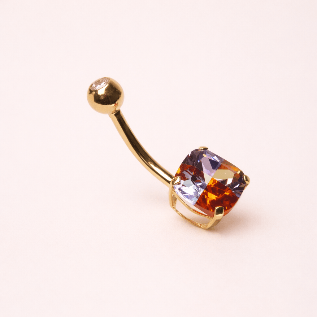 Solid 14kt Yellow Gold Miracle - Set CZ Navel Barbell – Threaded 14G, 10mm ‐ Kikojoy Jewelry
