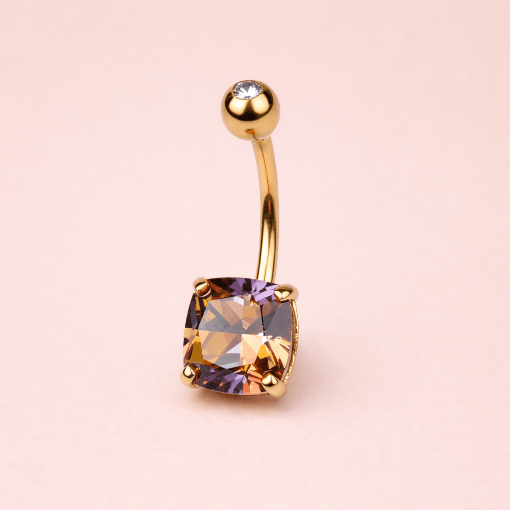 Solid 14kt Yellow Gold Miracle - Set CZ Navel Barbell – Threaded 14G, 10mm ‐ Kikojoy Jewelry
