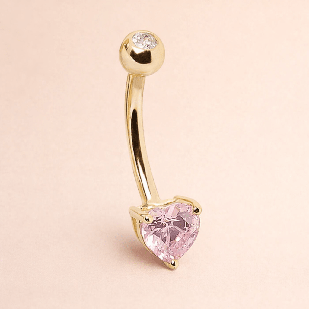 Solid 14kt Yellow Gold Pink Heart CZ Navel Barbell – Threaded 14G ‐ Kikojoy Jewelry