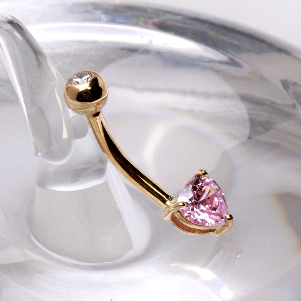 Solid 14kt Yellow Gold Pink Heart CZ Navel Barbell – Threaded 14G ‐ Kikojoy Jewelry