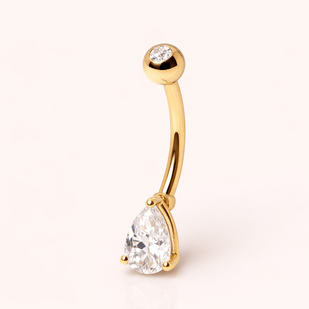 Solid 14kt Yellow Gold Teardrop CZ Navel Barbell – 14G, 10mm ‐ Kikojoy Jewelry