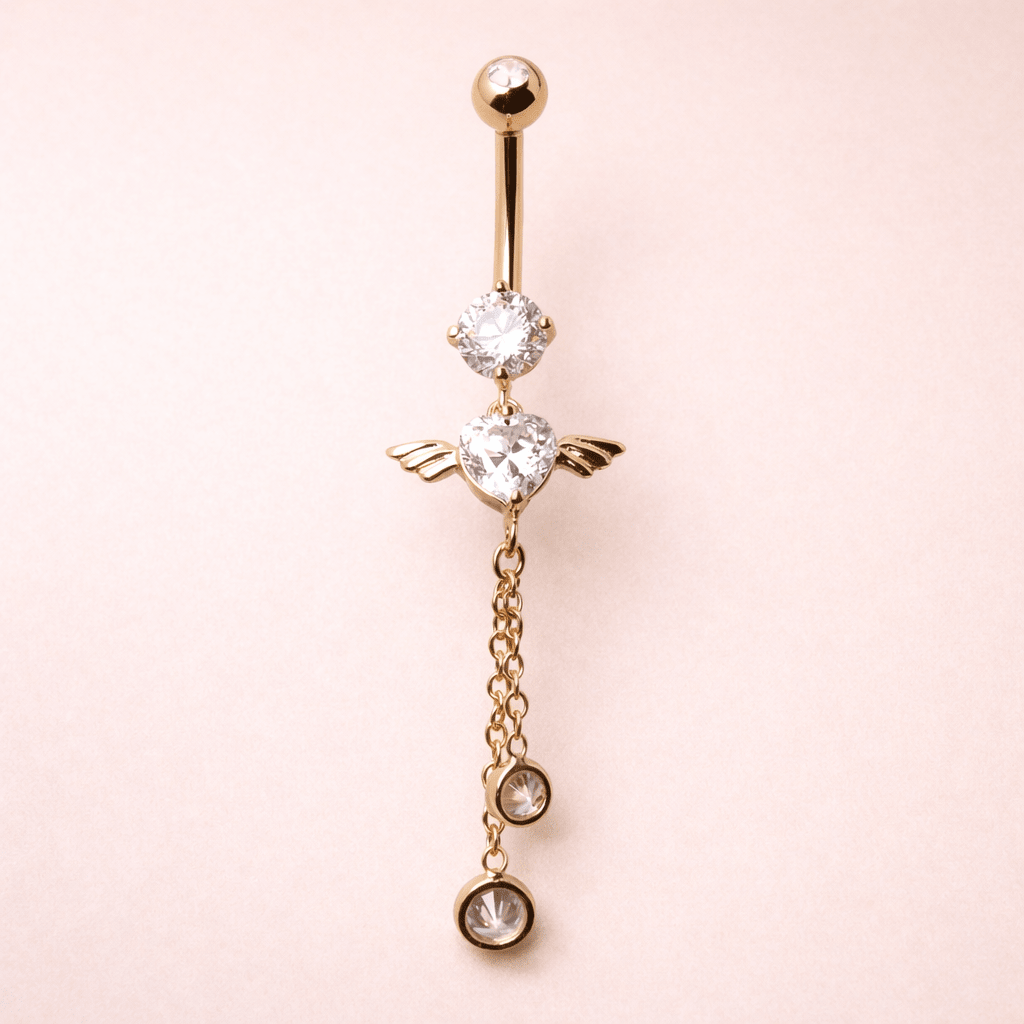 Solid 14kt Yellow Gold Winged Heart Navel Barbell – 14G 10mm ‐ Kikojoy Jewelry