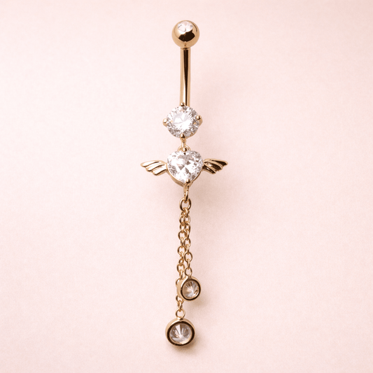 Solid 14kt Yellow Gold Winged Heart Navel Barbell – 14G 10mm ‐ Kikojoy Jewelry