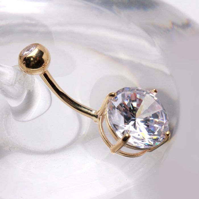 Solid 14K Yellow Gold 10mm Round CZ Navel Barbell – 14G, Threadless